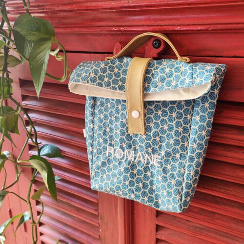 sac à gouter personnalisable tissu enduit vert prénom romane brodé
