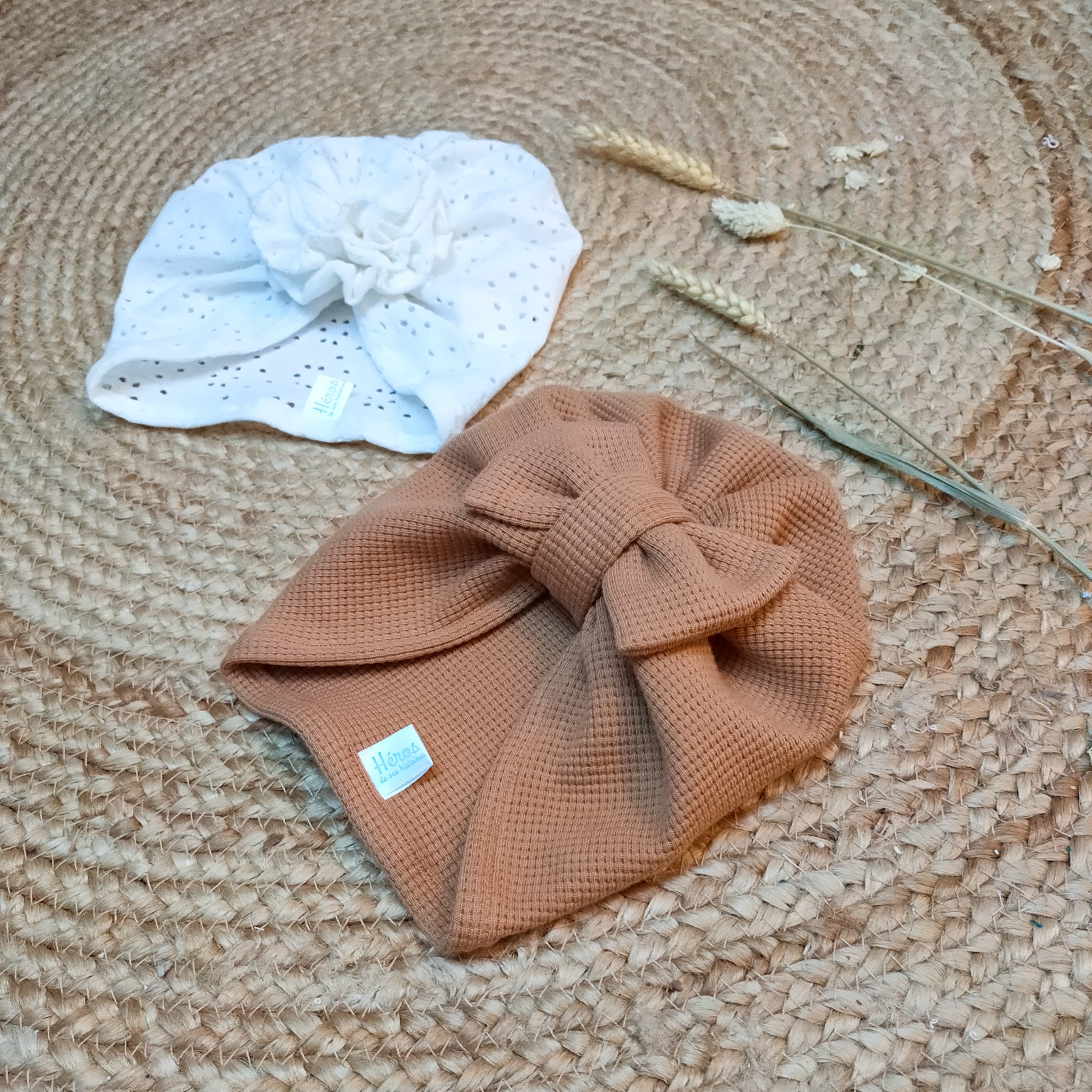 Turban jersey beige noeud gaze de coton bébé - Bonnet turban et bandeau  fait main